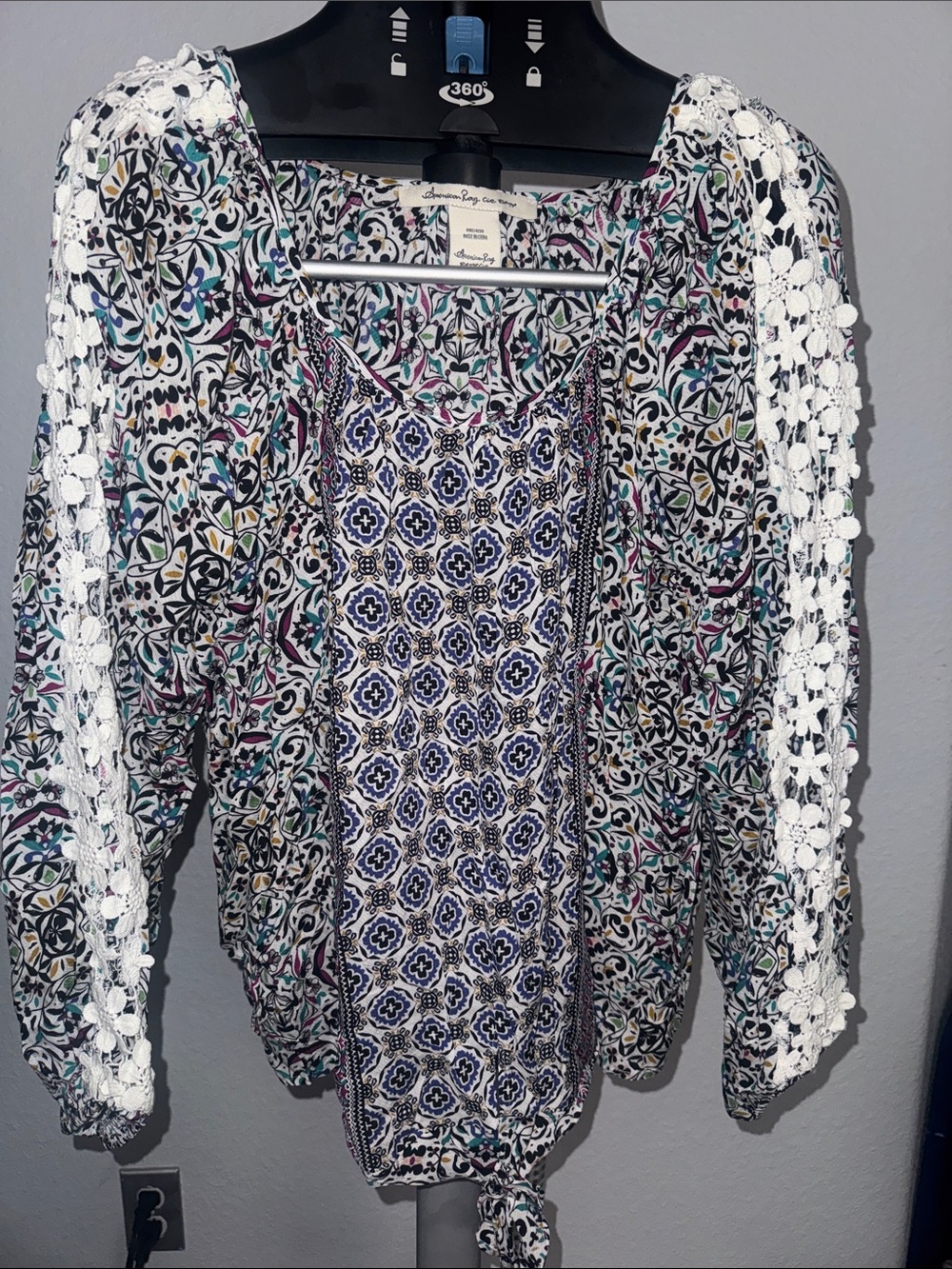 American Rag White Crochet-Sleeve Multi-Print Boho Blouse